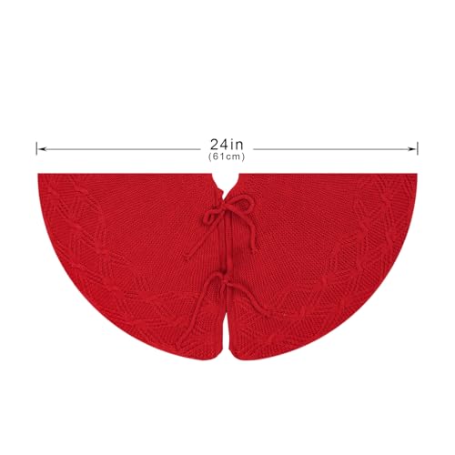 Red Knitted Christmas Tree Skirt 24 Inches - Rustic Holiday Decor