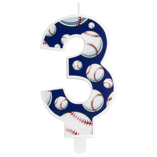 Number 3 Baseball Birthday Candle - Blue & White Cake Topper