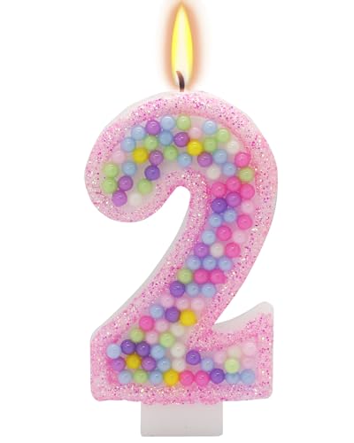 Number 2 Birthday Candle - Pink Macaron Glitter Cake Topper for 2nd Birthday
