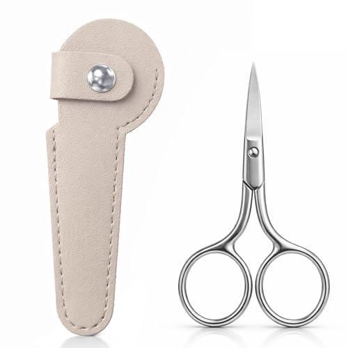 Stainless Steel Eyebrow Trimming Scissors with Case - 4.4" Small Grooming Scissors for Beard and Facial Hair