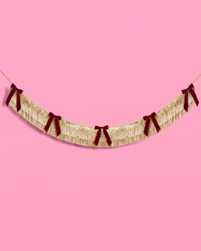 Gold Fringe Banner with Burgundy Velvet Bows - 6 Ft Party Decor