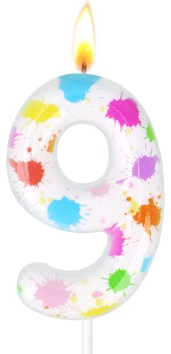 Candoll Number 9 Birthday Candle, Artistic Paint Design Cake Topper