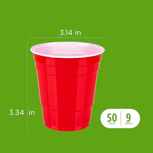Amazon Basics 9oz Disposable Red Plastic Party Cups, 50-Count Pack