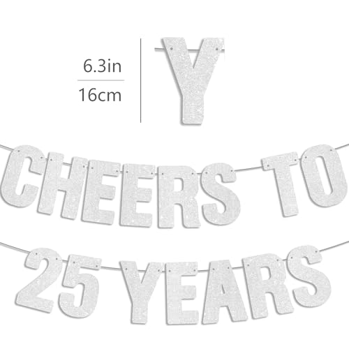 Cheers to 25 Years Silver Glitter Banner - 200" Long, 6.3" Tall Party Decor