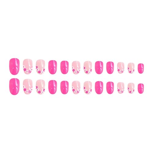 Short Almond Press On Nails Hot Pink Flower False Acrylic Manicure Kit 24Pcs