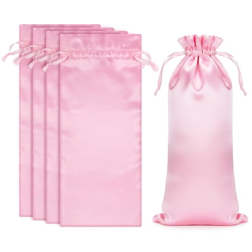 Alrhso 4 Pcs Pink Satin Wig Bags with Drawstring for Storage