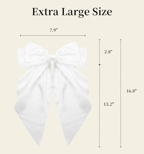 MDSTYLE Large Silky Satin Hair Bow Clip - White Oversized Ribbon