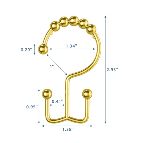 Gold Double-Sided Shower Curtain Hooks with Roller Balls - 12 Pack