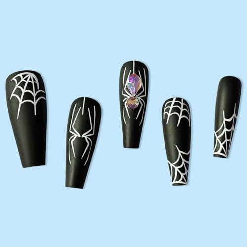 Villorem Halloween Long Coffin False Nails White Spider Web Press Ons