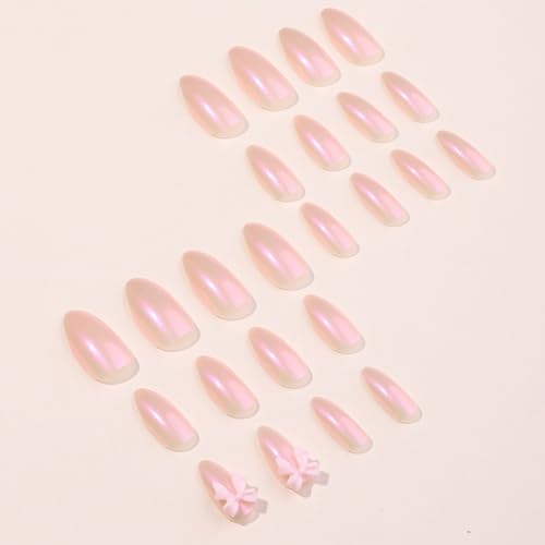 clvpai Pink Glossy Almond Press on Nails with 3D Bow Coquette Design