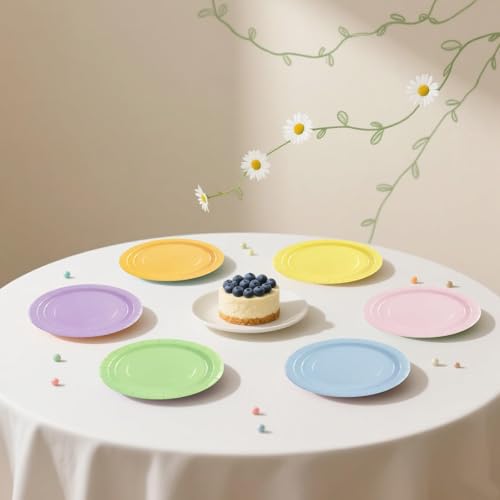 BOKFJBP 48Pcs Pastel Rainbow Paper Plates - 7 Inch Disposable Party Plates Set