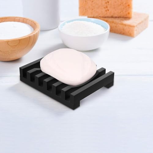 Topsky 2-Pack Silicone Soap Dish - Non-Slip Self-Draining Soap Saver (Black)