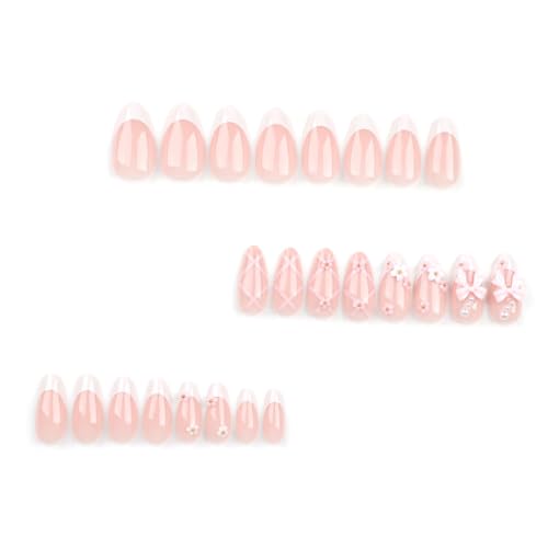 ANDGING Almond White Press On Nails Short French Tip Fake Nails with 3D Bow Flower