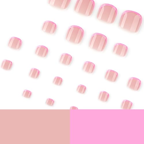 French Tip Press on Toenails Short Square Glossy Fake Toenails 24Pcs
