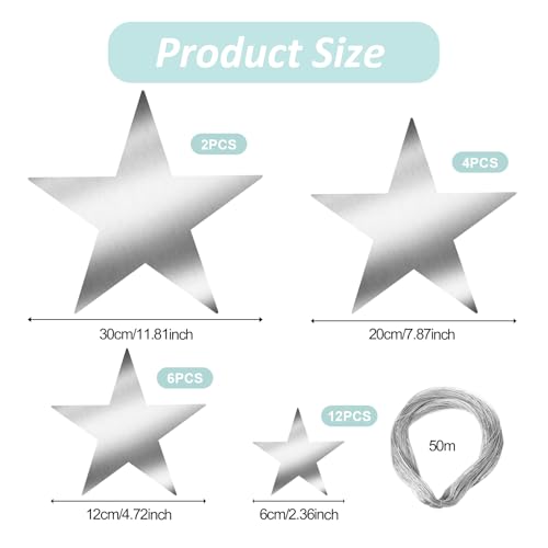 24 Pcs Silver Hanging Star Decorations - Glitter Cardboard Cutouts for Party