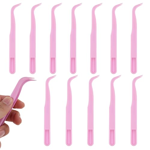 Exircy 12-Piece Plastic Bent Tweezers 4.5 Inch Curved Pointed Set