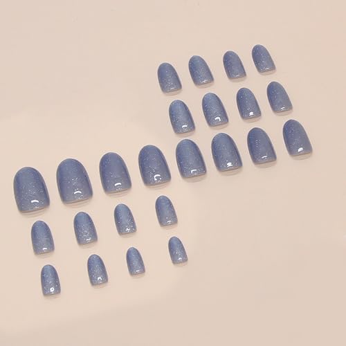 SWEKKE Blue Press On Nails Short Almond Glossy Glitter False Nails 24 Pcs