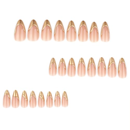 Press on Nails Long Almond Glossy Pink Nude with 3D Gold French Tips