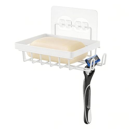 Oasiteege Adhesive Shower Soap Dish with Hooks - Self-Draining Wall Mount