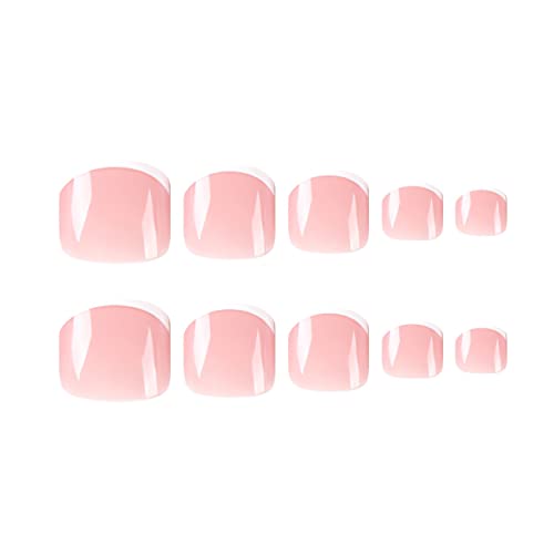 Short Pink Press On Toenails White French Tips Square False Toe Nails