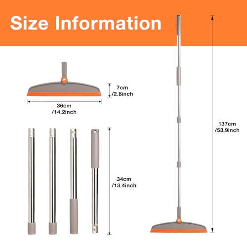 Silicone Air Broom with Long Handle - Adjustable Rubber Sweeper, Gray Orange