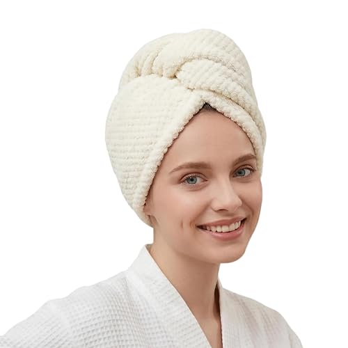 Microfiber Hair Towel Wrap for Wet Hair - Super Absorbent Turban (Beige)