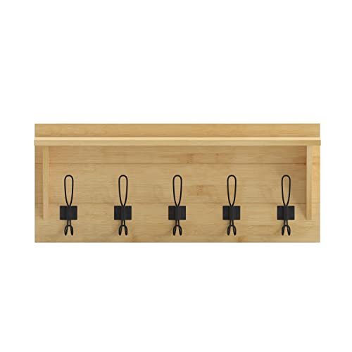 Flash Furniture Daly Wall Mounted Storage Rack - Bamboo Solid Pine Wood - 24 Inch - Upper Shelf and 5 Hooks - For Entryway, Kitchen, Bathroom
