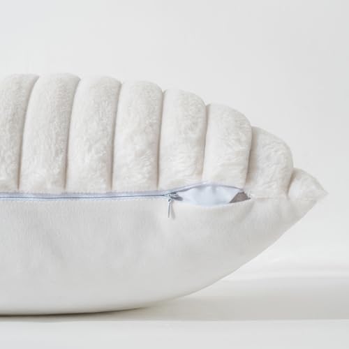 Cream White Faux Fur Lumbar Pillow Covers 12x20 Set of 2 - Soft Velvet Back Home Decor