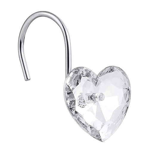 Crystal Heart Shower Curtain Hooks - Rust Resistant, Pack of 12