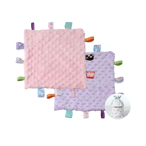CREVENT Purple+Pink Tag Baby Security Blanket 10''x10'' - Soft Lovey Comforter