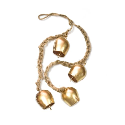 Christmas Hanging Large Cow Bells - Rustic Golden Metal Bells for Farmhouse, Garden & Holiday Décor (Medium Rope Set 4)