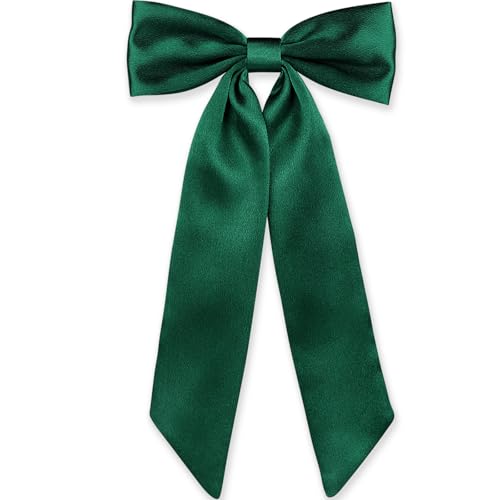 WantGor Satin Long Tail Hair Bow Clip Green Ribbon Barrette for Women