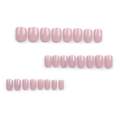 BFY Short Square Press on Nails - Glossy Purple Fake Nails with Glitter Lines, 24 Pcs