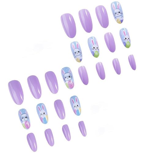 Easter Press on Nails Medium Almond Bunny Purple Glossy Fake Nails 24 Pcs