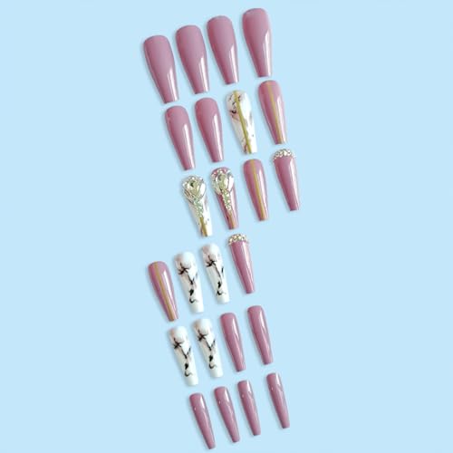 Pink Press on Nails with Rhinestones Long Coffin Fake Nails