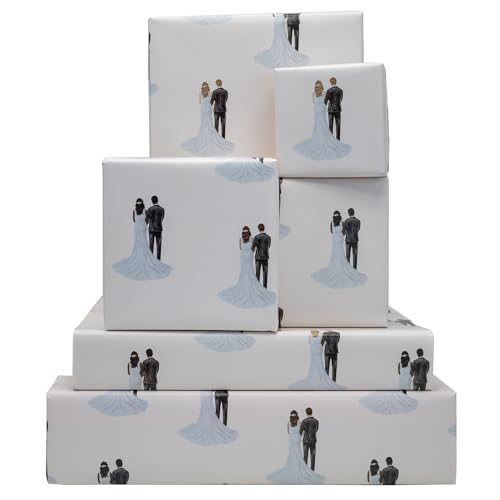 Wedding Gift Wrapping Paper - White Newlyweds Design (6 Sheets)