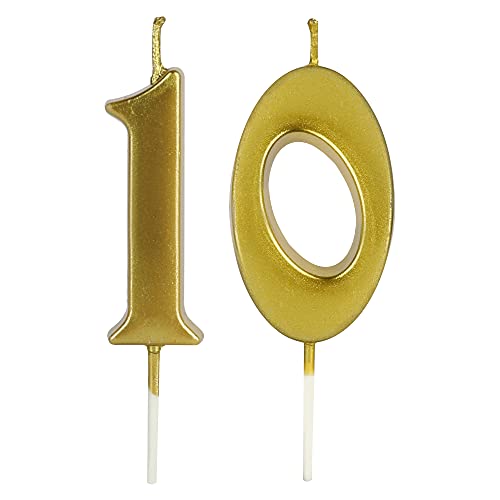 Gold Number 10 Birthday Candles - Glitter Cake Decorations