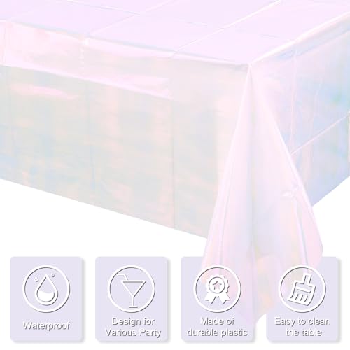 3 Pack Iridescent White Plastic Tablecloths - 40 x 108 Inch Disposable Covers for Parties