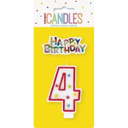 Glitter Number 4 Birthday Candle - 3.5" White Star Design