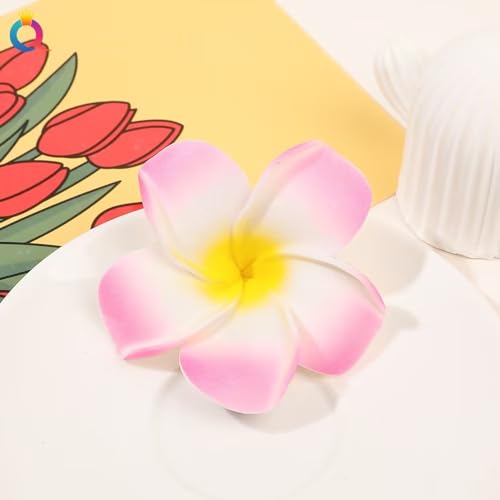 4 Pcs Hawaiian Plumeria Flower Hair Clips 7cm White and Pink Foam