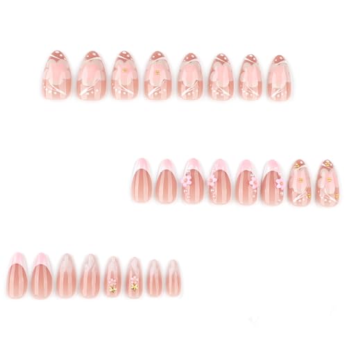 Hibiscus Flower Press on Nails Medium Almond Fake Nails with Rhinestones