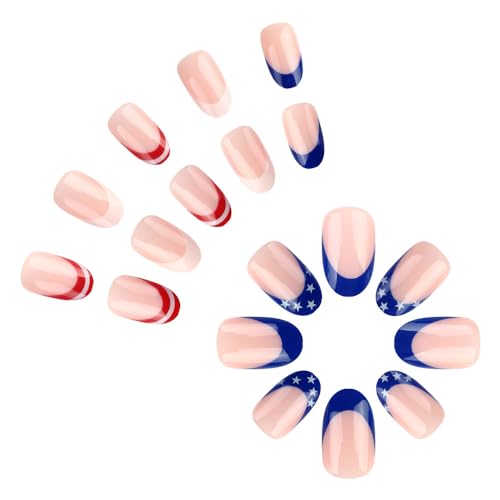 Independence Day Press on Nails Short Almond Star Design False Nails