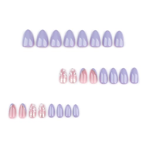 MISUD Medium Almond Press on Nails – Purple Spring Floral Acrylic Fake Nails