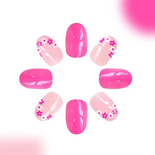 Short Almond Press On Nails Hot Pink Flower False Acrylic Manicure Kit 24Pcs