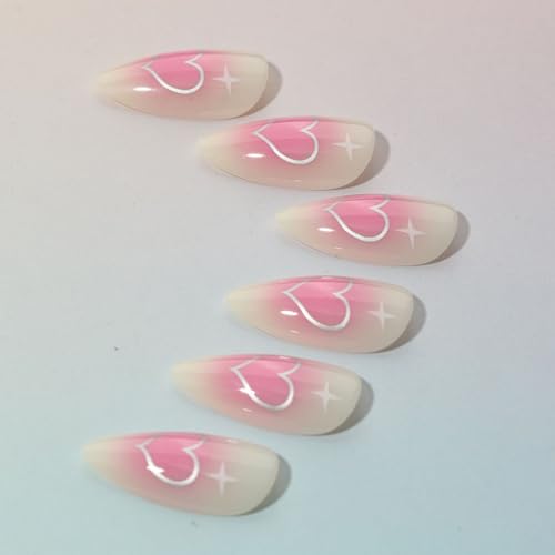 YKZFUI Medium Almond Press on Nails Pink Blush Star False Nails