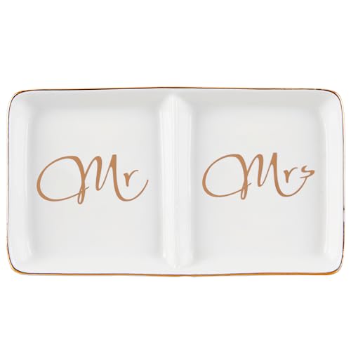 Mr. & Mrs. Ceramic Ring Dish - Engagement Gift for Couples, Wedding Ring Tray