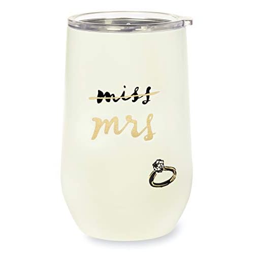 kate spade new york Insulated Bridal Stainless Steel Wine Tumbler, 16 Ounce Double Wall Tumbler for Bride to Be, Stemless Travel Cup with Lid, Miss to Mrs. (White)