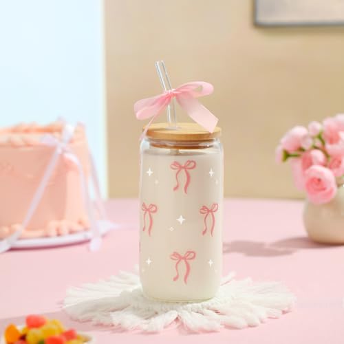 Coquette Pink Bow Glass Cup - 16oz Aesthetic Tumbler with Lid and Straw