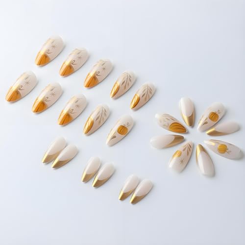 Halloween Press on Nails Medium Almond 3D Fake Nails Fall Acrylic Set