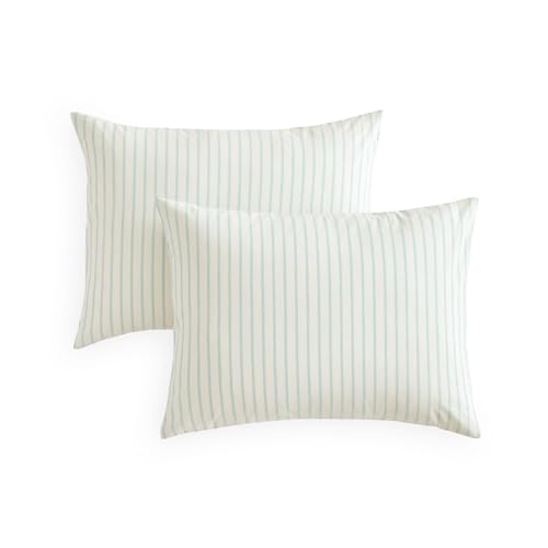 Striped Pillow Cases Set of 2 - 100% Washed Cotton, Green & White, Standard Size 20x26 Inches